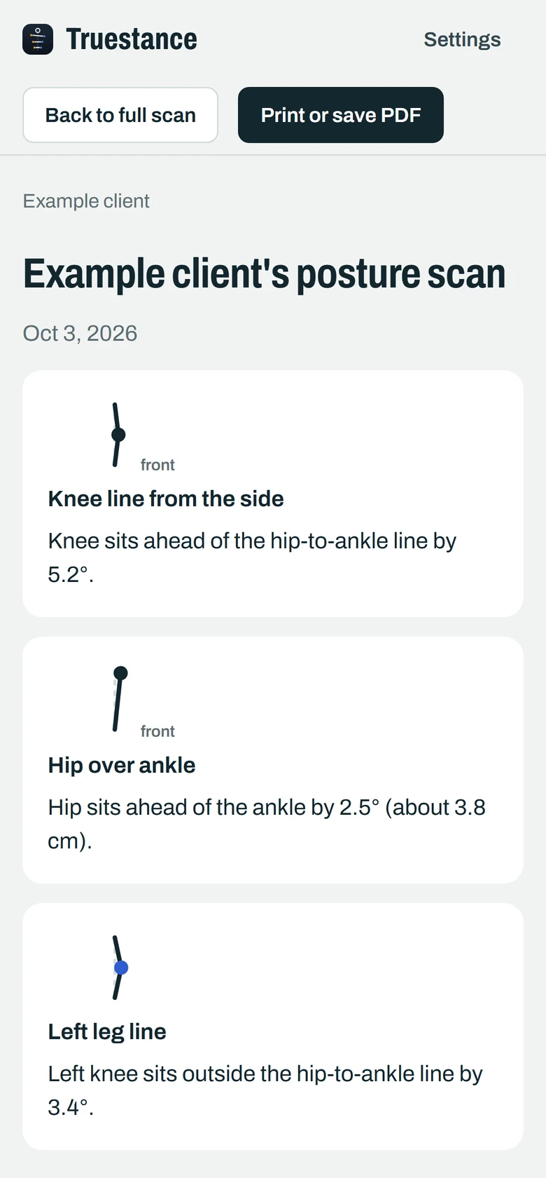 Truestance on a phone: a client's posture scan summarised as three readings in plain words